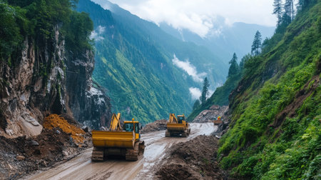 A scenic mountain road under repair, with a landslide area being cleared by bulldozers and workers in safety helmetsの素材