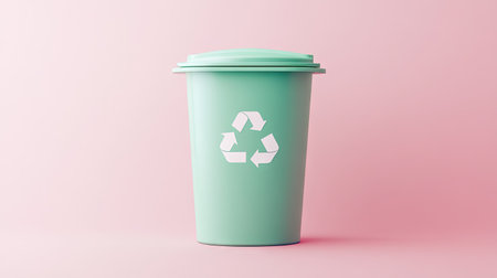 A single green trash bin with a white recycling logo, shown on a pastel pink background, blending simplicity and modern aestheticsの素材