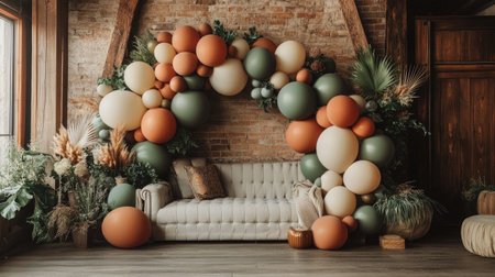 A large organic-style balloon garland in earthy tones like terracotta, sage green, and cream, placed in a cozy indoor settingの素材