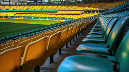 A close-up of the rows of empty seats in a stadium, with focus on the clean, bright-colored seats and the field visible beyondの素材