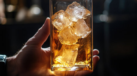 A close-up of a hand holding a tall glass of beer with large ice cubes inside, the glass shimmering from the cold condensationの素材
