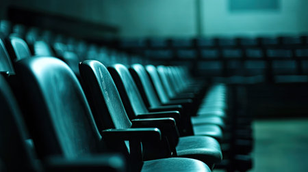 A peaceful shot of empty stadium seats in rows, with soft lighting casting shadows and giving a serene and quiet atmosphereの素材
