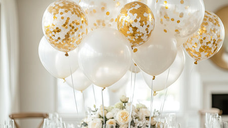 A sophisticated mix of clear, white, and gold confetti-filled balloons floating above a glass table with minimalist decorの素材