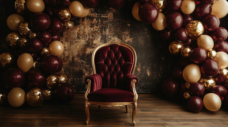 A lavish setup of burgundy and gold balloons arranged in a spiral design around a luxurious velvet chair for a regal photoshootの素材