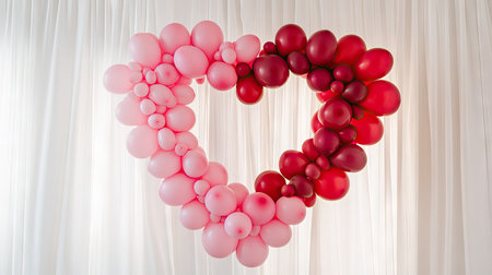A romantic balloon display in shades of pink and red, creating a heart-shaped frame against a soft white curtain backdropの素材