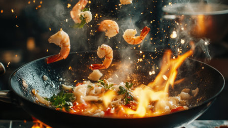 A wok pan tossing fresh seafood, garlic cloves, and herbs into the air, surrounded by glowing flames in a professional kitchen settingの素材