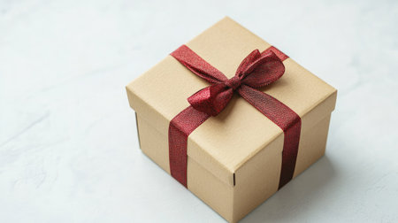 A small cardboard box with decorative ribbon tied around it, placed on a simple white surfaceの素材