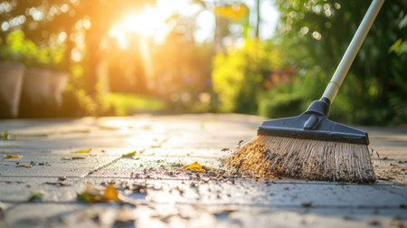 A plastic broom sweeping up trash and dirt on a patio floor, with a bright, sunny sky and greenery in the backgroundの素材