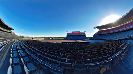 A panoramic view of empty stadium seating, with rows of empty chairs leading the eye across the vast expanse of the venueの素材
