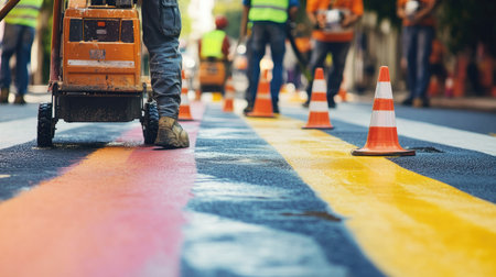 A team of workers painting crosswalk lines on a city street, with bright paint machines and cones marking the areaの素材