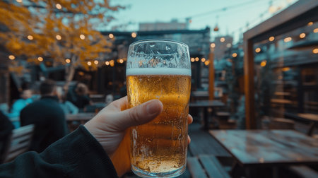 A hand holding a glass of ice-cold beer, condensation dripping down the sides, with an outdoor patio or bar backgroundの素材