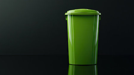 A green recycling bin with a slightly open lid, placed on a reflective black surface with a soft white glowの素材