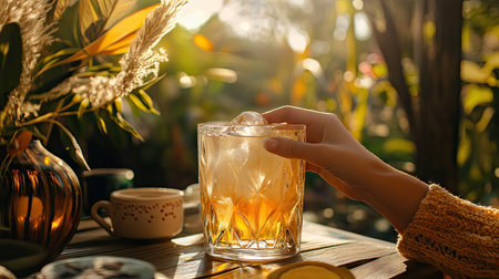 A hand gripping a cold glass of beer with ice, surrounded by summer decor and outdoor setting, ready to enjoy a refreshing drinkの素材