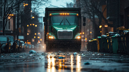 A green garbage truck on a rainy day, its headlights reflecting off the wet pavement as it collects waste from curbside binsの素材