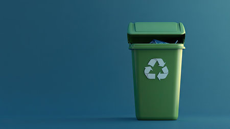 A plastic green bin with a recycling sign, standing upright on a plain blue background, its lid slightly open to reveal its interiorの素材