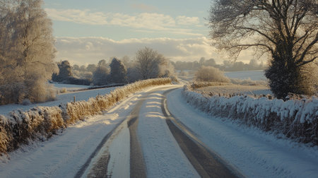 A quiet rural road lined with tall snowdrifts, the sparkling snow reflecting the cold, clear light of a crisp winter morningの素材