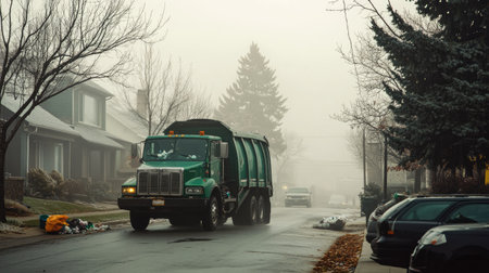 A green garbage truck at work on a foggy morning, collecting waste from curbside bins along a quiet residential streetの素材