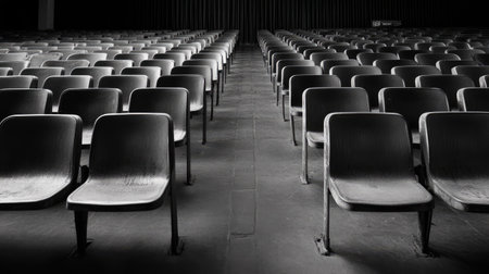 A quiet and still shot of rows of empty seating in a stadium, the space echoing with emptiness as no audience fills the standsの素材