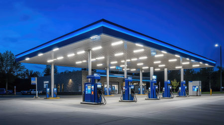 A gas station illuminated under the night sky with its bright lights and lit-up fuel pumps, against the quiet of the eveningの素材