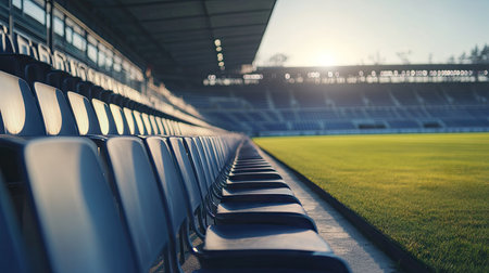 A quiet and empty stadium with rows of seats leading towards the goalposts, the pristine seats neatly arranged and waiting for spectatorsの素材