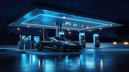 A gas station at night with fuel pumps glowing in the dark and a sleek car parked, reflecting the lights on its polished surfaceの素材