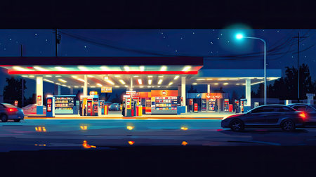 A gas station with a convenience store lit brightly at night, cars coming and going, and neon lights shining through the darkの素材