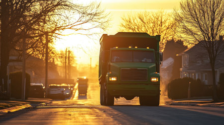 A green garbage truck at sunrise, silhouetted by the warm light as it loads waste bins on a quiet country roadの素材