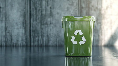 A glossy green bin with a white recycling emblem, isolated on a metallic silver surface with soft reflections for a futuristic feelの素材