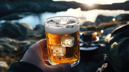 A hand holding a chilled glass of beer with ice cubes inside, sitting on a table outdoors, perfect for a refreshing breakの素材