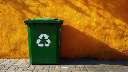 A green recycling container with bold white symbols, photographed from a side angle against a vibrant yellow backgroundの素材