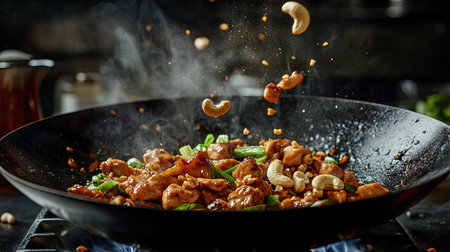 A sizzling stir-fry of chicken, cashews, and spring onions captured mid-flip above a wok pan, with heat waves visible in the airの素材