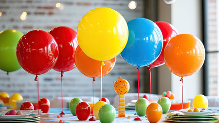 A playful arrangement of oversized balloons in bright primary colors, forming a whimsical centerpiece for a children's party tableの素材