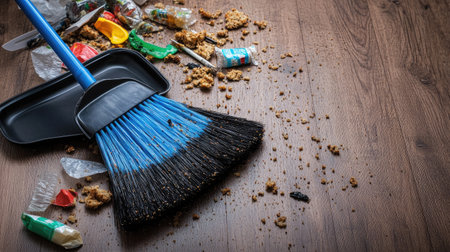 A plastic broom sweeping food crumbs and small rubbish on a wooden floor, with a dustpan nearby to collect the debrisの素材