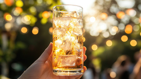 A hand holding a tall, frosty glass of beer filled with ice cubes, glistening with condensation under the sun at an outdoor gatheringの素材