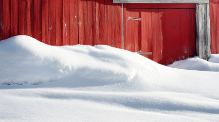 Sparkling snow drifts piled up against a wooden barn, the rustic red paint contrasting beautifully with the pure white snowの素材