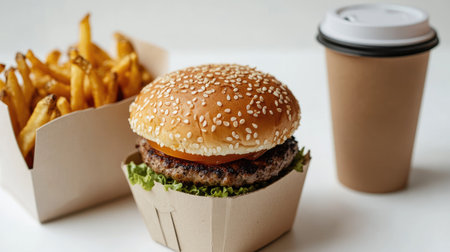 A close-up of a hamburger with sesame seed bun, crispy fries in a carton, and a takeaway coffee cup on a white backgroundの素材