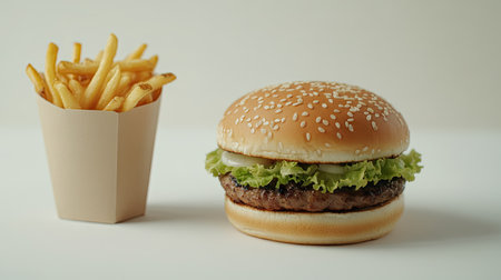 A close-up of a hamburger with sesame seed bun, crispy fries in a carton, and a takeaway coffee cup on a white backgroundの素材