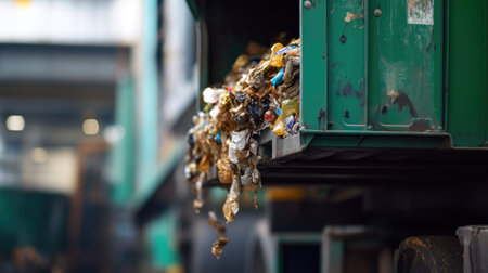 A close-up of a green garbage truck's hydraulic mechanism lifting a bin, with waste spilling inside, and an industrial backgroundの素材