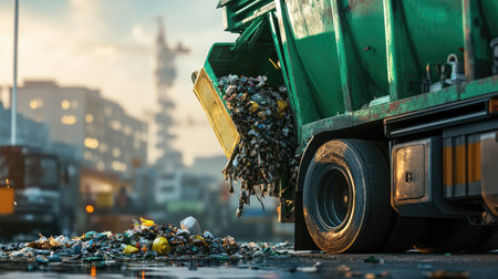 A close-up of a green garbage truck's hydraulic mechanism lifting a bin, with waste spilling inside, and an industrial backgroundの素材