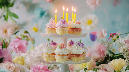 A cupcake tower centerpiece with each cupcake topped with a bright candle, surrounded by a floral and pastel party setupの素材