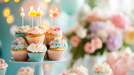 A cupcake tower centerpiece with each cupcake topped with a bright candle, surrounded by a floral and pastel party setupの素材
