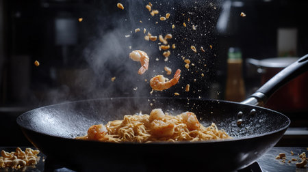 A dramatic shot of stir-fried noodles, shrimp, and crushed peanuts flipping above a wok pan, set against a dimly lit kitchenの素材