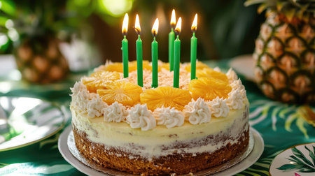 A tropical birthday cake with pineapple and coconut toppings, vibrant green candles, and matching Hawaiian-themed decorの素材