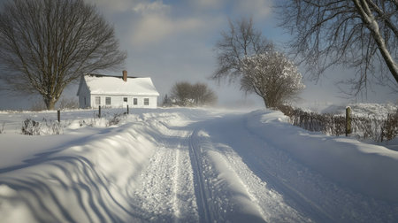A dramatic winter storm aftermath, showing deep snow drifts with a faint sparkle under a break in the heavy, overcast skyの素材