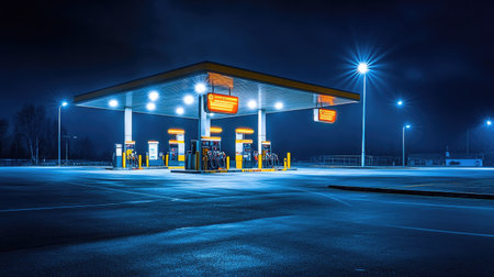A deserted gas station at night with neon signage glowing and bright lights shining over the parking lot, creating a peaceful sceneの素材