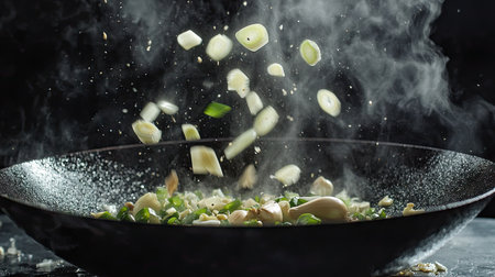 A dramatic capture of garlic cloves, ginger slices, and scallions tossed above a wok pan, with steam swirling in the backgroundの素材