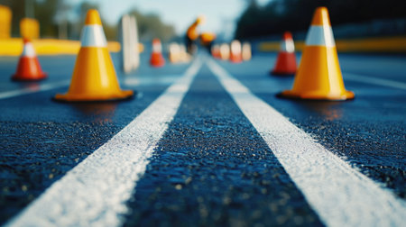 A freshly painted road with new white and yellow lines, surrounded by cones and a road crew finishing the detailsの素材