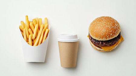 A flat lay of a hamburger, french fries, and a coffee cup in minimalist packaging, styled for an advertisement on whiteの素材