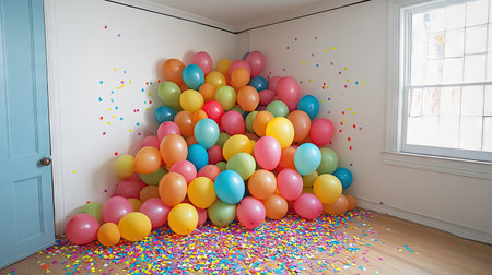 A fun and colorful arrangement of balloons in various sizes, filling a room corner with confetti scattered on the floorの素材