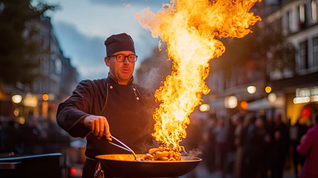 A street cook showcasing culinary skills, tossing food in a frying pan with dramatic flames shooting upwards on a lively evening streetの素材